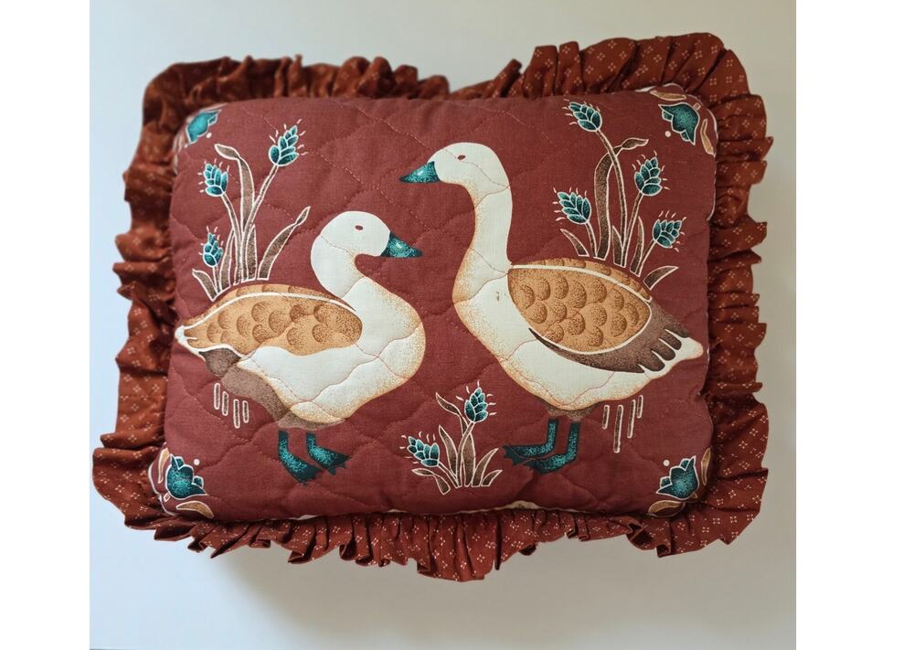 VTG Homemade 80s 90s Duck Quilted Pillow Ruffled Edge Brown Camper Cabin Cottage